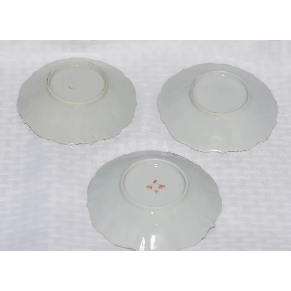 3 - Kutani Japanese Birds Egg Shell Scalloped Porcelain Dessert Plates